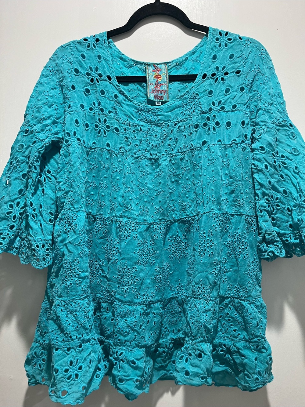 Johnny Was Turquoise Eyelet Cotton Tunic Blouse